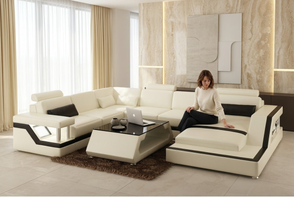 Beleuchtete Wohnzimmer Ecksofa Polster Eck Sitz Garnitur Leder Couchen