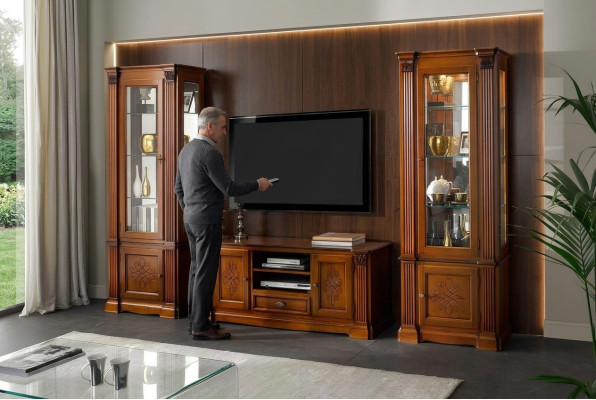 Klassische Wohnzimmer Vitrine Sideboard RTV Regal Wände Schrank 3tlg. Massivholz