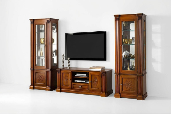 Klassische Wohnzimmer Vitrine Sideboard RTV Regal Wände Schrank 3tlg. Massivholz