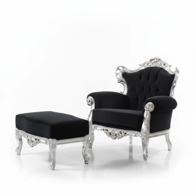 Sessel + Hocker Polster Sessel Design Luxus Massivholz Klassische Barock Rokoko Garnitur