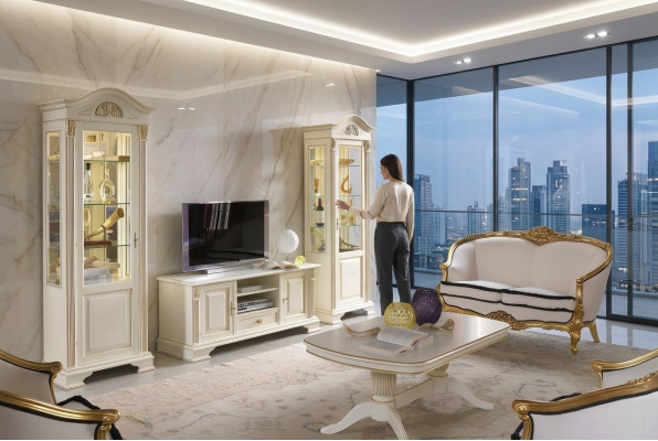Wohnwand Vitrine Konsole Schrankwand Glasvitrinen Massivholz Wohnzimmer 3tlg