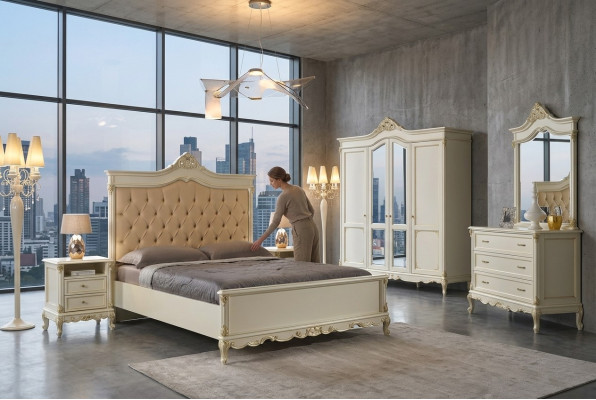 Italienische Barock Stil Möbel Schlafzimmer 5tlg. Set Bett Anrichte Nachttische