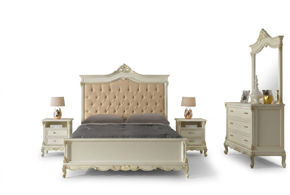 Italienische Barock Stil Möbel Schlafzimmer 5tlg. Set Bett Anrichte Nachttische