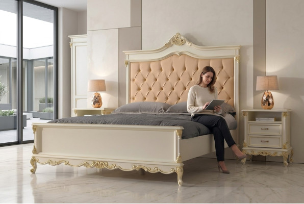 Schlafzimmer Bett mit 2 Nachttische Gruppe Garnitur Set Betten Chesterfield Massivholz