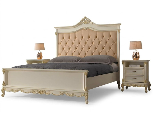 Schlafzimmer Bett mit 2 Nachttische Gruppe Garnitur Set Betten Chesterfield Massivholz