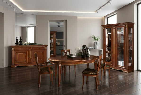 Esszimmer Garnitur Massivholz Barock Rokoko Tisch 4x Stühle Vitrine Kommode