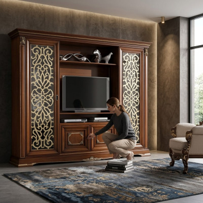 Designer Wohnzimmer TV Anbauwand Medienwand Fernsehwand Fernsehschrank Wohnwand Massivholz