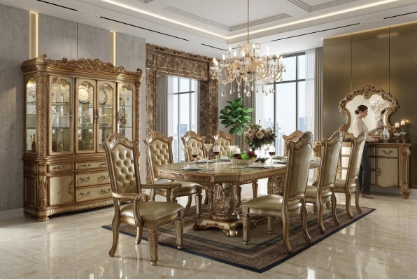 Goldene Esszimmergarnitur Luxuriöser Esstisch mit Stühlen Designer Anrichte