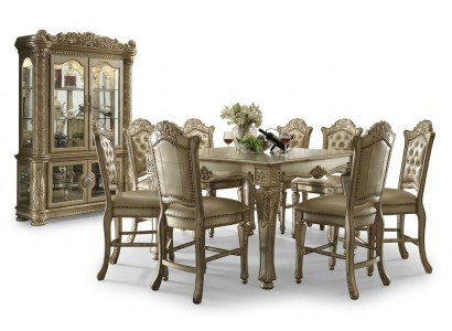 Klassisches Goldenes Esszimmer Set Rechteckiger Esstisch 8x Chesterfield Stühle Vitrine 10tlg