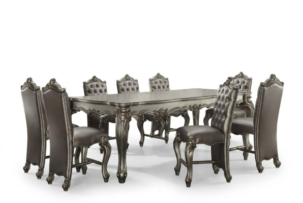 Grauer Klassischer Rechteckiger Esstisch mit 8x Chesterfield Holz Lederstühlen
