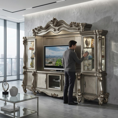 Wohnwand TV-Wand Anbauwand Wohnzimmer Schrank Geschnitzte Möbel