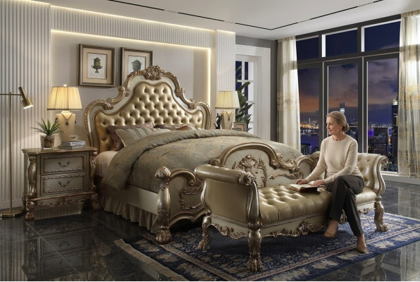 Chesterfield Leder Luxus Betten Bett 2x Nachttische Hocker Doppelbett
