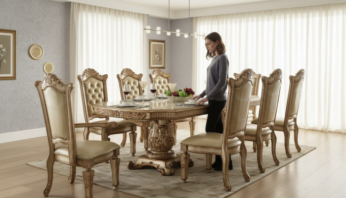 Komplette Beige Esszimmer Garnitur Luxuriöser Esstisch mit Lederstühlen