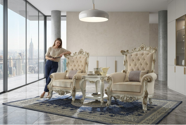 Thron Sessel Königlicher Polster 1 Sitzer Antik Stil Stühle Beige Holz Barock