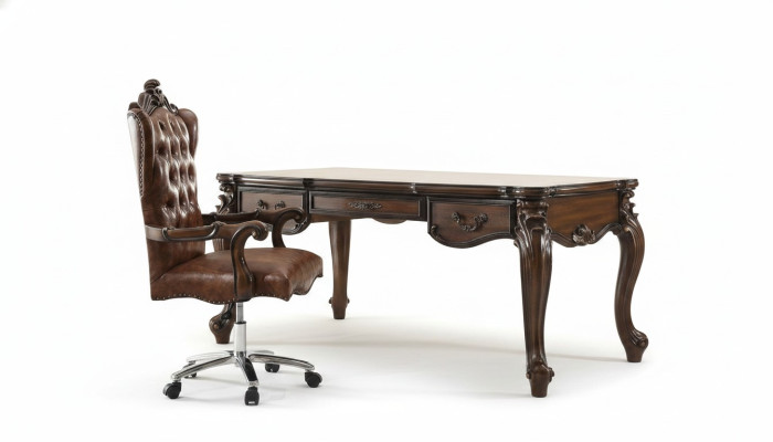 Chefsessel Sessel Klassischer Stuhl Büro Drehstuhl Leder Holz Barock