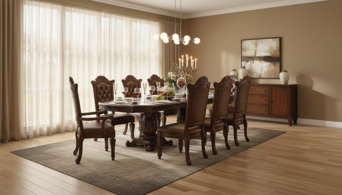Luxuriöse Barock Stil Esszimmer Garnitur Designer Esstisch mit Braunen Chesterfield Stühlen