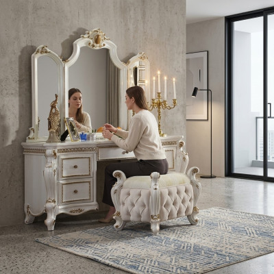 Geschnitzte Barock Möbel Schminktisch Hocker Deko Spiegel Schlafzimmer