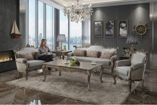 Goldene Sofagarnitur 3+2+1 Sitzer 2x Beistelltisch Couchtisch 6tlg. Wohnzimmer