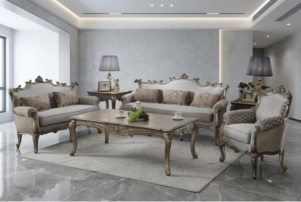 Goldene Sofagarnitur 3+2+1 Sitzer 2x Beistelltisch Couchtisch 6tlg. Wohnzimmer