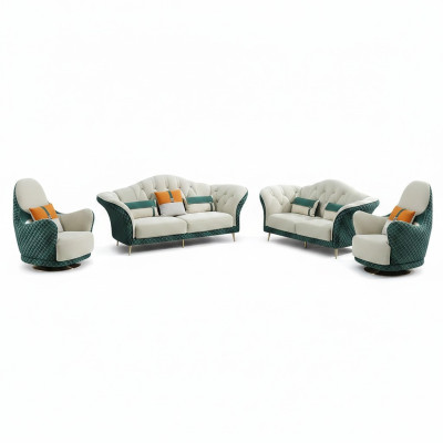 Sofagarnitur 3+2+1 Sitzer Leder Sofa Couch Garnitur Design Beige Grün