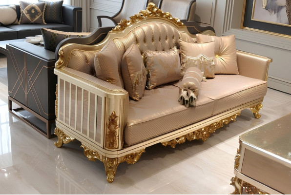 Chesterfield Sofa Set 3+1+1 Gruppe Komplett Set Sessel Sofa Gold Textil Garnitur
