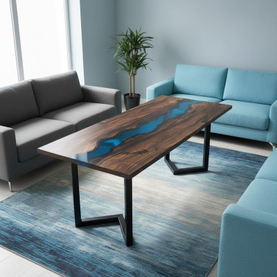 Epoxid Harz Fluss Tisch Echtes Massiv Holz Blau Wasser Tissche Epoxy Möbel Neu