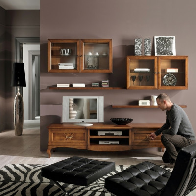 Wohnzimmer Set Vitrine TV Kommode Couchtisch Kommoden Schrank Holz Neu 7 tlg.
