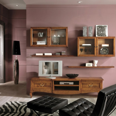 Wohnzimmer Set Vitrine TV Kommode Couchtisch Kommoden Schrank Holz Neu 7 tlg.