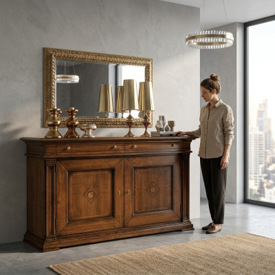 Massivholz Kommode mit Spiegel Sideboard Kommoden Set Italienische Möbel 2tlg.