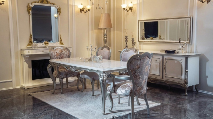 Esszimmer Set 7tlg. Esstisch 4x Stühle Kommode Spiegel Gruppe Garnitur Weiß Neu