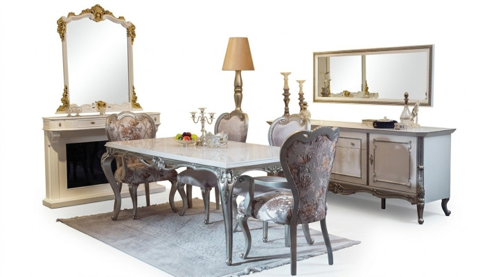 Esszimmer Set 7tlg. Esstisch 4x Stühle Kommode Spiegel Gruppe Garnitur Weiß Neu
