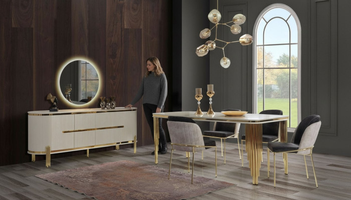 Metall Möbel Esszimmer Garnitur Tisch Stuhl Set kommode Essgarnitur Stühle 6tlg.