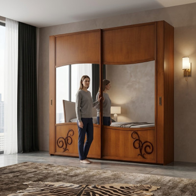 Schrank Kleiderschrank mit Schiebetüren Schlafzimmer Wand Schränke Holz Spiegel