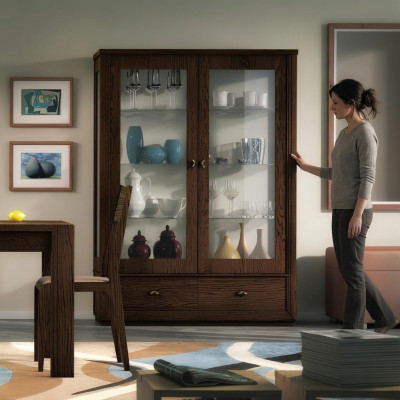 Vitrine Luxus Schaufenster Vitrinen Glas Schrank Modern Holz Grau Regal Anrichte