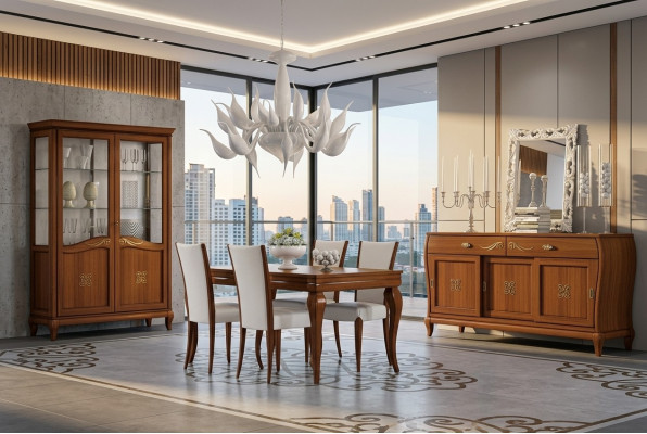 Design Set 7tlg Esszimmer Esstisch Stuhl Kommode Vitrine Gruppe Ess Tische Holz