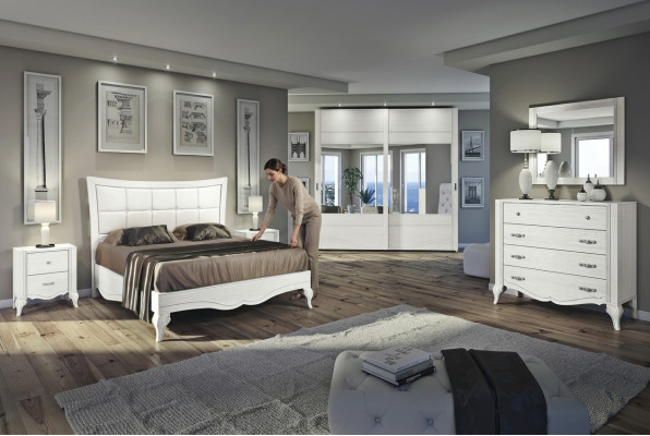 Schlafzimmer Bett Nachttisch Kleiderschrank Kommode Spiegel Weiß Luxus Set 6tlg