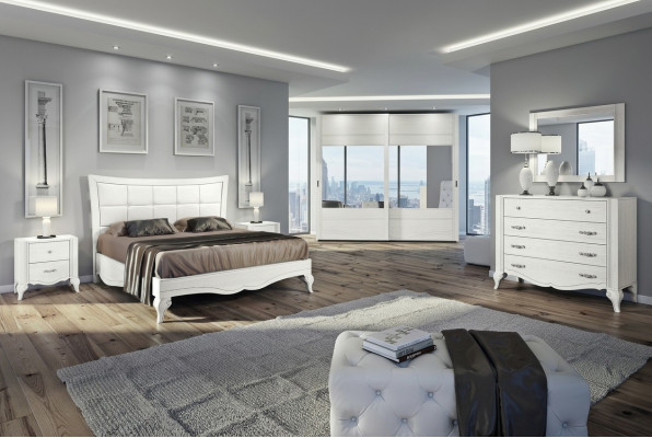Schlafzimmer Bett Nachttisch Kleiderschrank Kommode Spiegel Weiß Luxus Set 6tlg