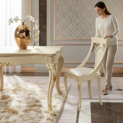 Esszimmerstuhl Stuhl Esszimmer Stühle Holz Design Stil Barock Beige Lehn Sitz