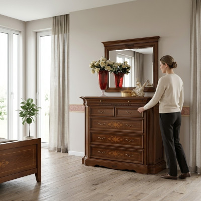 Massivholz Kommode mit Spiegel Sideboard Kommoden Set Italienische Möbel 2tlg.