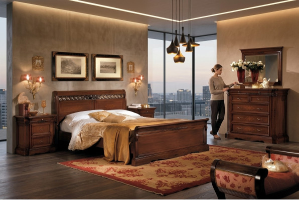 5tlg.Set Schlafzimmermöbel Bett 2 Nachttische Kommode mit Spiegel Braun Neu