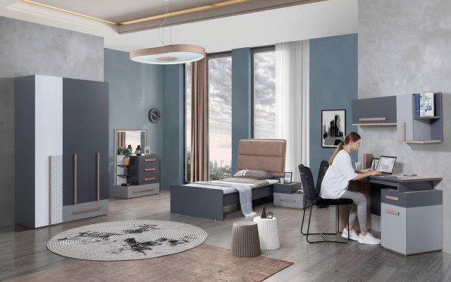 Jugendzimmer Bett Kleiderschrank Kommode Schreibtisch Kleiderschrank 5 tlg Set