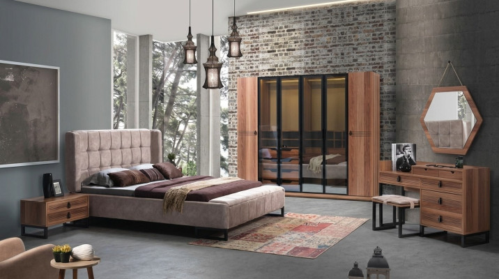 Schlafzimmer Set 5tlg. Luxus Bett 2x Nachttisch Kommode Kleiderschrank Holz Neu