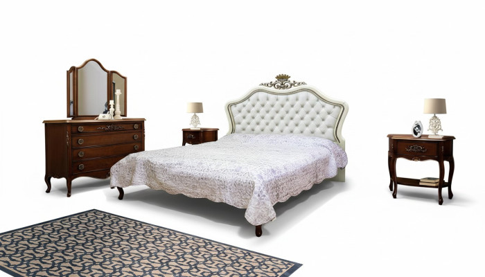 Komplettes 4er Set für Schlafzimmer Design modern luxuriöses Bett 2x Nachttisch Kommode