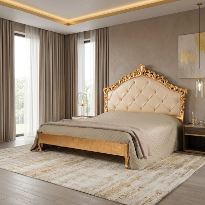 Neues luxuriöses Chesterfield-Doppelbett mit geschnitztem Kopfteil