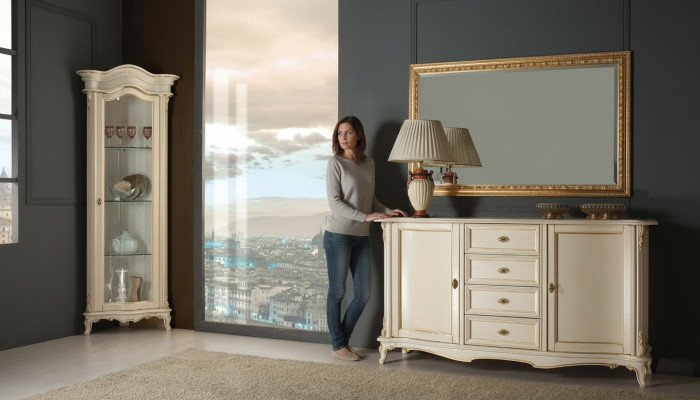 Wohnzimmer Vitrine Schrank Kommode Italien Spiegel klassisches Set 3tlg Weiß Neu