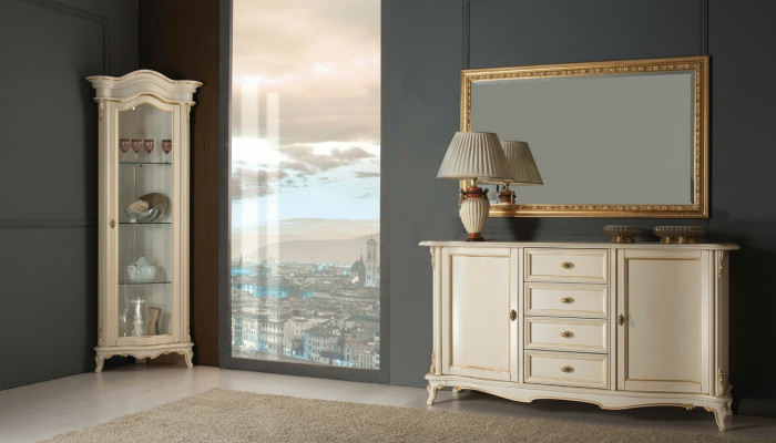 Wohnzimmer Vitrine Schrank Kommode Italien Spiegel klassisches Set 3tlg Weiß Neu