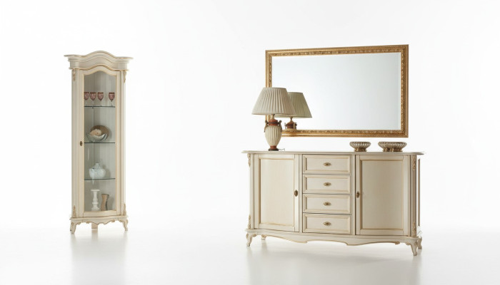 Wohnzimmer Vitrine Schrank Kommode Italien Spiegel klassisches Set 3tlg Weiß Neu