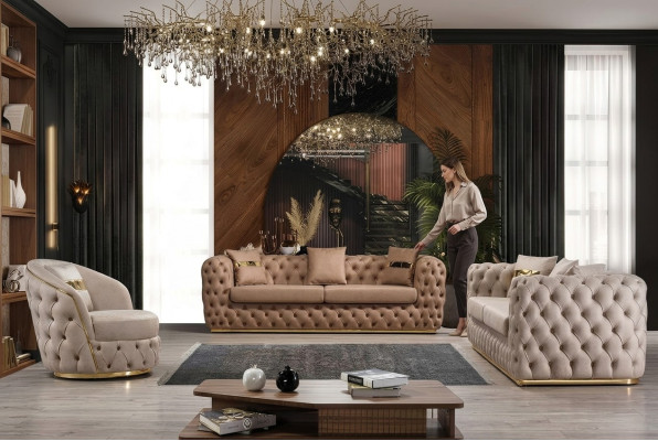 Chesterfield Sofagarnitur 3+3+1+1 Sitzer Garnitur Sofa Sessel Sofas Leder Beige