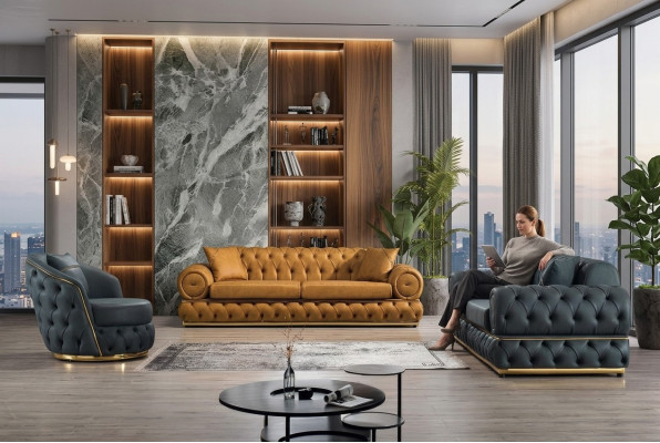 Luxus Chesterfield Sofagarnitur 3+3+1 Sitzer Garnitur Sofa Sessel Sofas Leder