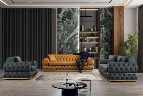 Sofagarnitur 3+3+1 Sitzer Garnitur Sofa Sessel Sofas Leder Luxus Chesterfield